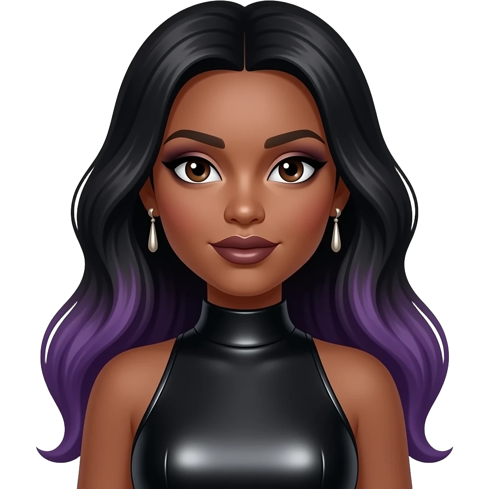 Moriah from Glamour with dark skin, dark brown eyes, long black hair with purple ombre, black eyeshadow, dark brown lipstick, black metallic high neck dress, earrings emoji