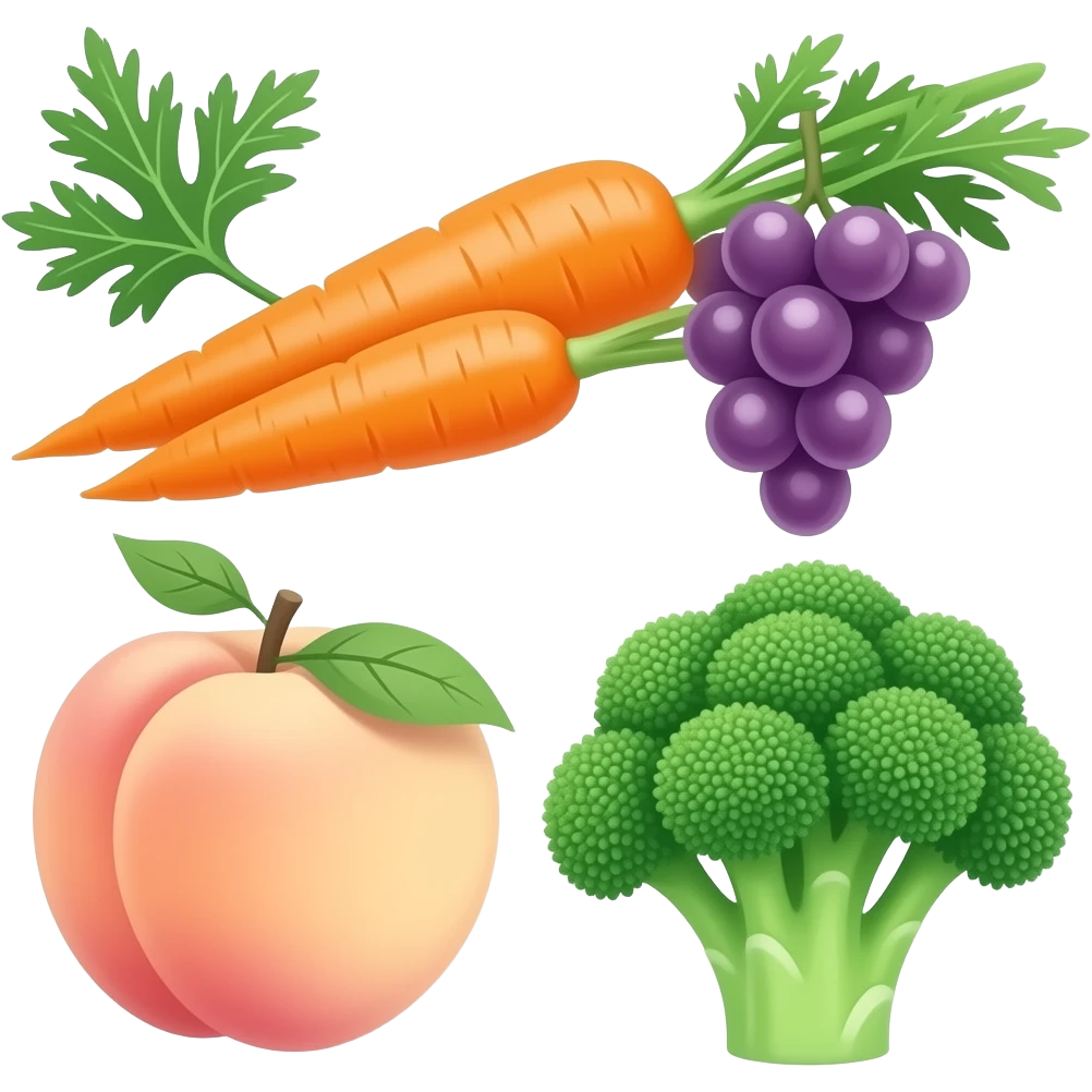 Carrots, grapes, peach, and broccoli emoji