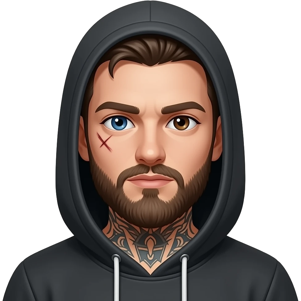 Hot guy, beard, tattoos, hoodie, left eye blue, left eye dark brown, scar on the left eye emoji