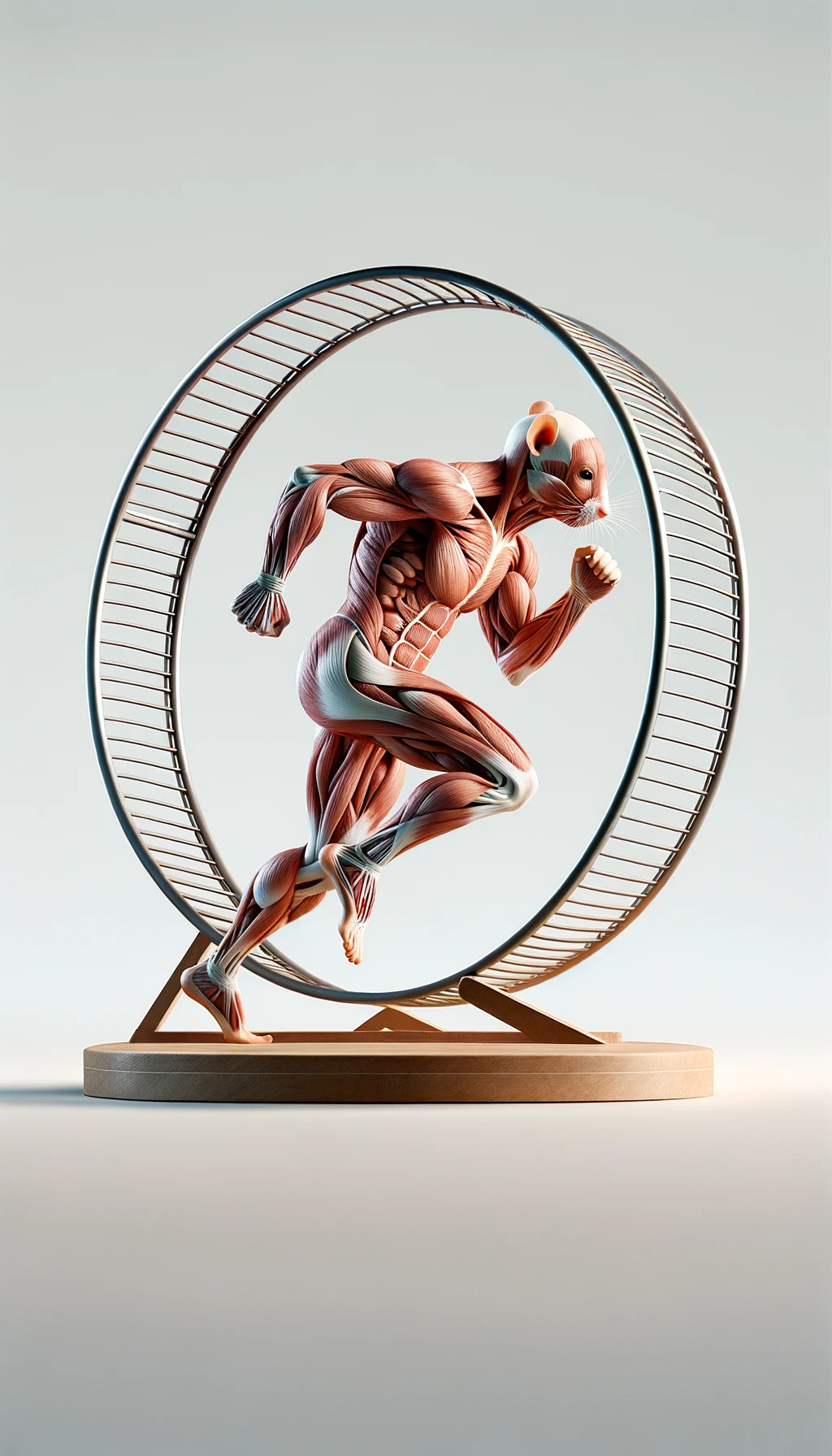 corpo umano anatomico che corre sulla ruota come se fosse un criceto stressato, sfondo chiaro, iperrealistica 4k emoji