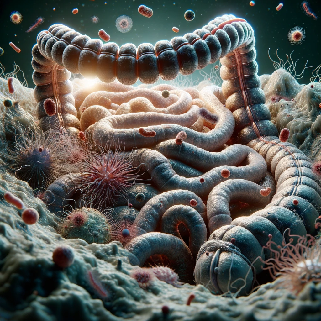 intestino umano realistico con batteri e parassiti che gli fluttuano intorno, iperrealistico 4k emoji