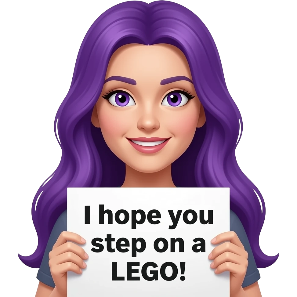 sexy girl with long purple hair and purple eyes holding a I hope you step on a LEGO! sign emoji