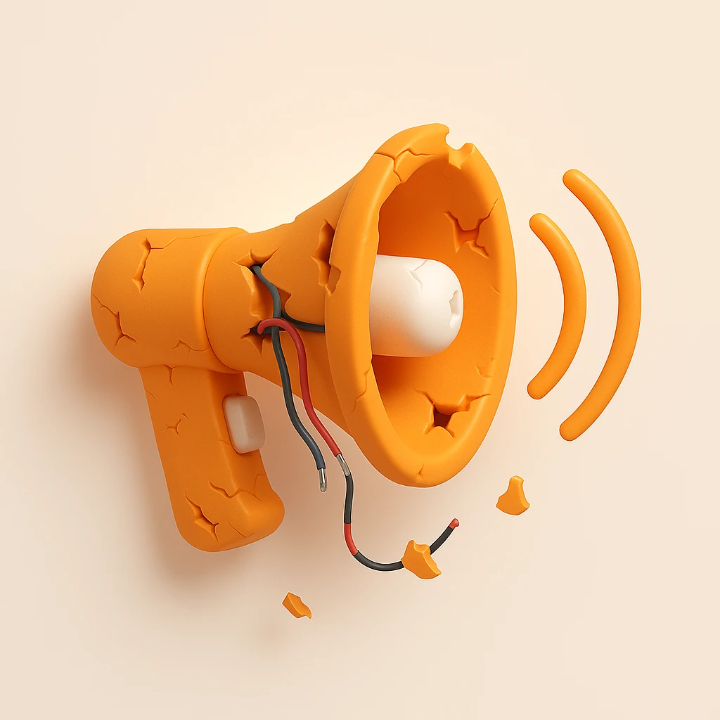 Make the cracked megaphone with fading sound waves look even more damaged by adding dents, missing pieces, exposed wires, and more cracks in 3D orange style. emoji