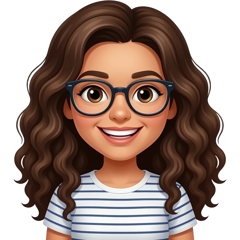 Mexican girl with brown hair and long curls with a big creepy smile with glasses emoji
