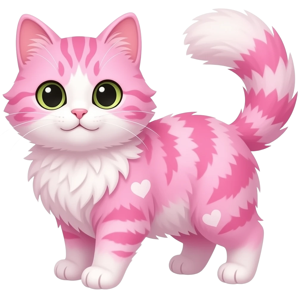 make a fluffy cat pink with fluf and hearts pink and hearts wihte emoji