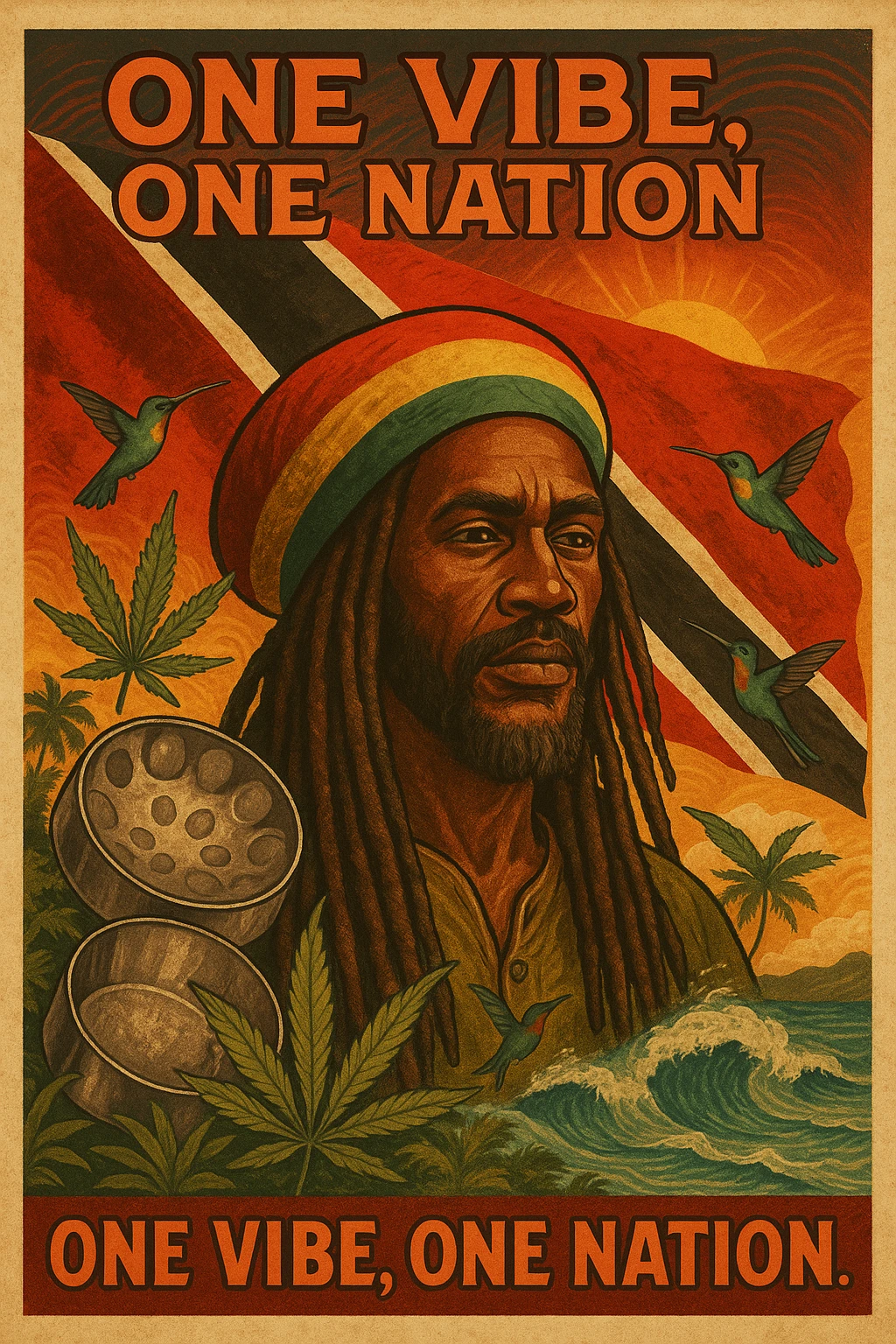 Create a vibrant digital illustration in vintage poster style featuring a proud Trinidadian Rasta man with long dreadlocks and a bold red, gold, and green tam. The background should incorporate the Trinidad and Tobago flag in a stylized, textured way — using deep red, black, and white tones that blend with tropical elements. Surround the figure with iconic cultural symbols like steelpan drums, ganja leaves, and hummingbirds in flight. Add warm Caribbean sunlight, ocean waves, and lush greenery to enhance the island energy. The Rasta man should radiate peace, power, and island wisdom — with bold facial features, calm expression, and a sense of spiritual presence. The overall tone should be rootsy, regal, and rich with island soul — merging reggae culture with Trinidadian pride. Optional accents: subtle soca rhythm lines in the background or a quote like “One Vibe, One Nation.” emoji
