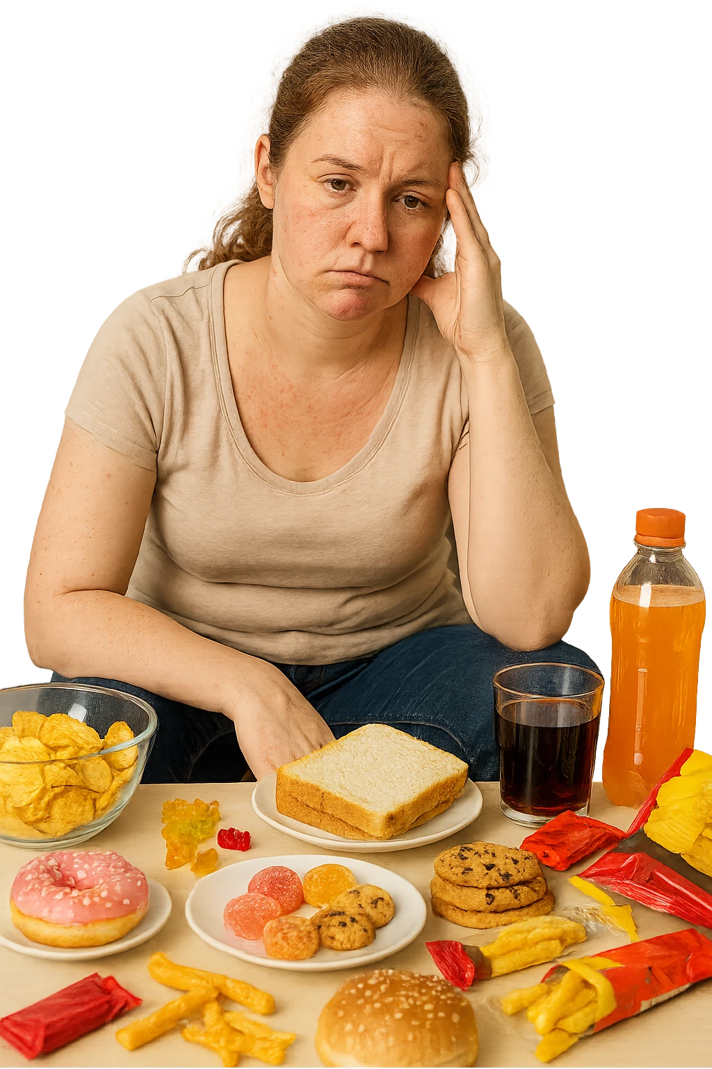 Donna tra i 25 e i 35 anni seduta sul divano o a un tavolo disordinato, circondata da cibi sparsi e poco sani: patatine, dolci, pane bianco, snack confezionati, bibite. con infiammazione e squilibri ormonali emoji