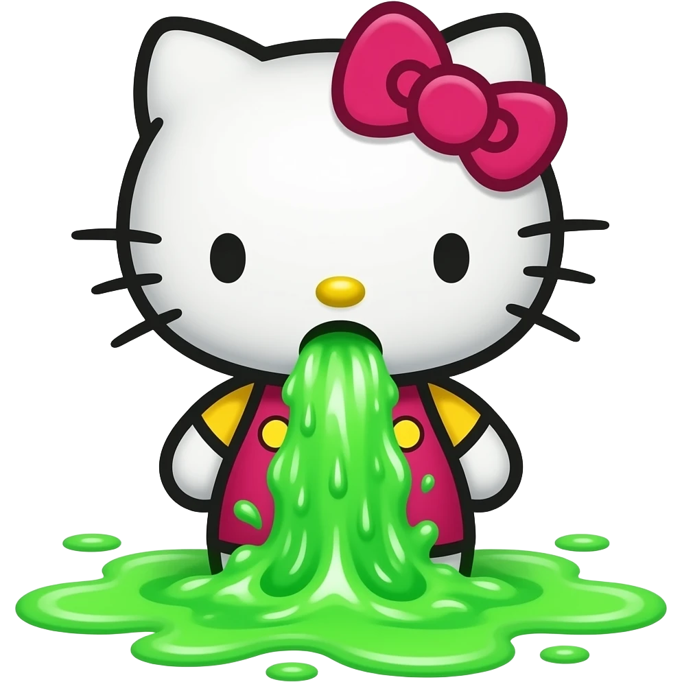 hello kitty is vomiting neon green like niagara emoji