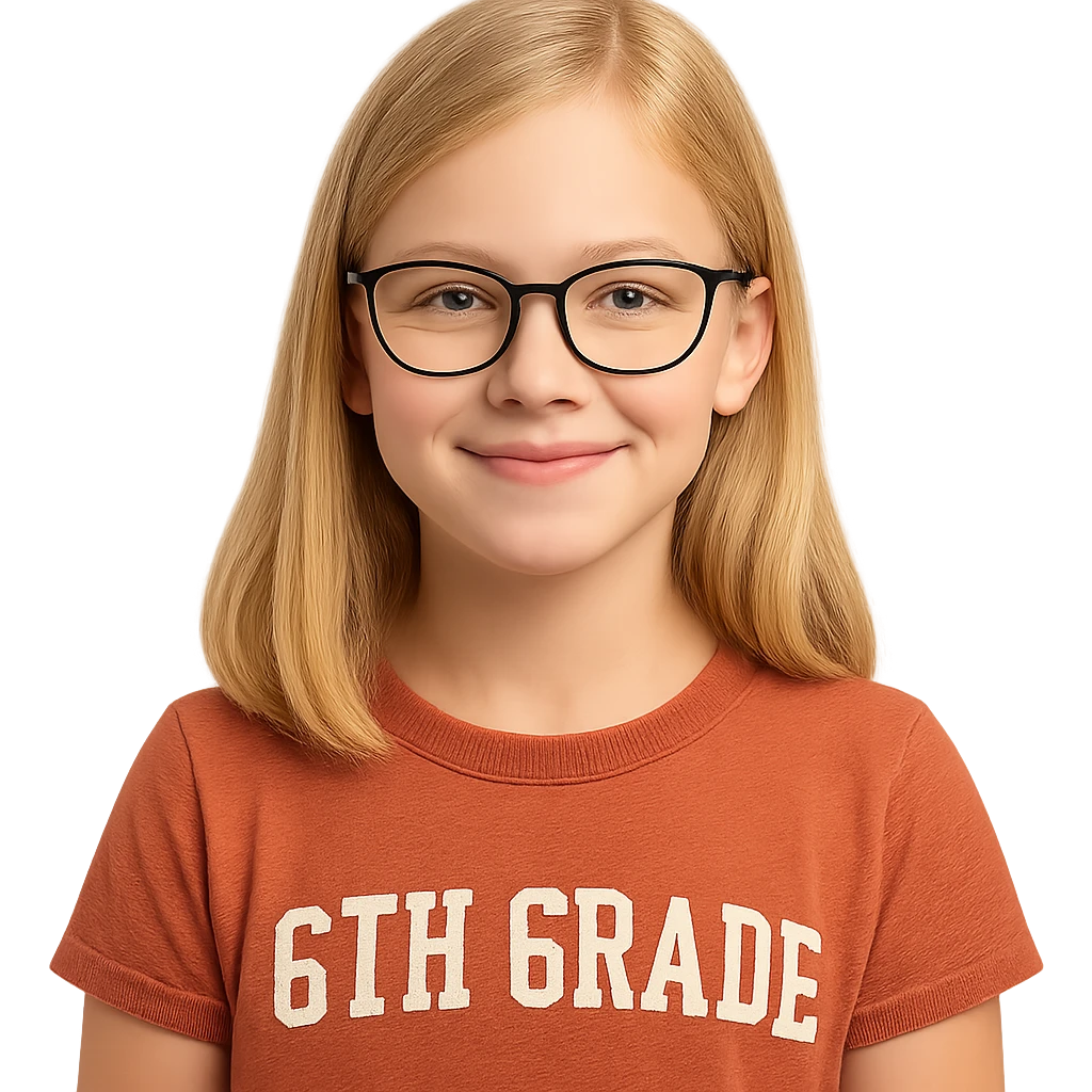 6th grade girl with blonde hair and glasses, friendly expression, simple background emoji