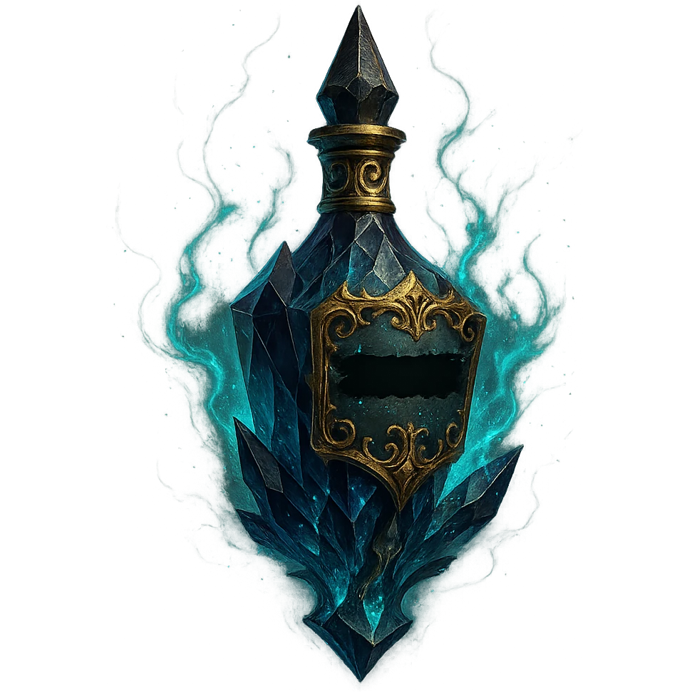 edgy dark crystal elixir bottle with censored inscriptions, lots of glowing effects, ornate golden details, magical effects, very small neck, beautiful merging base, clearly floating in air, transparent background, no ground or shadow emoji