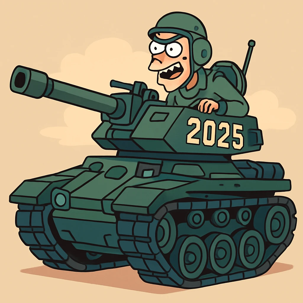 futuristic military tank 2025, stylized cartoon, bold lines, exaggerated features, vibrant colors emoji