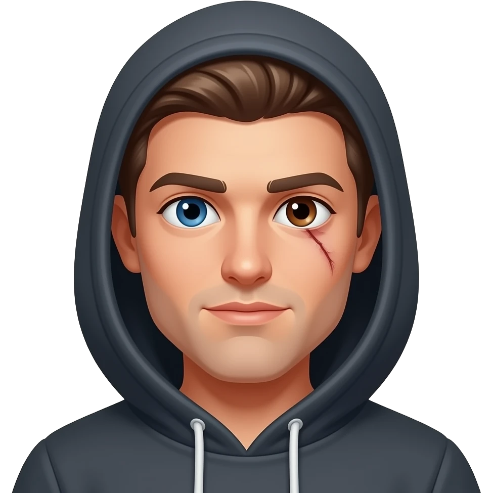 Hot guy, hoodie, left eye blue, left eye drak brown, scar on the left eye emoji