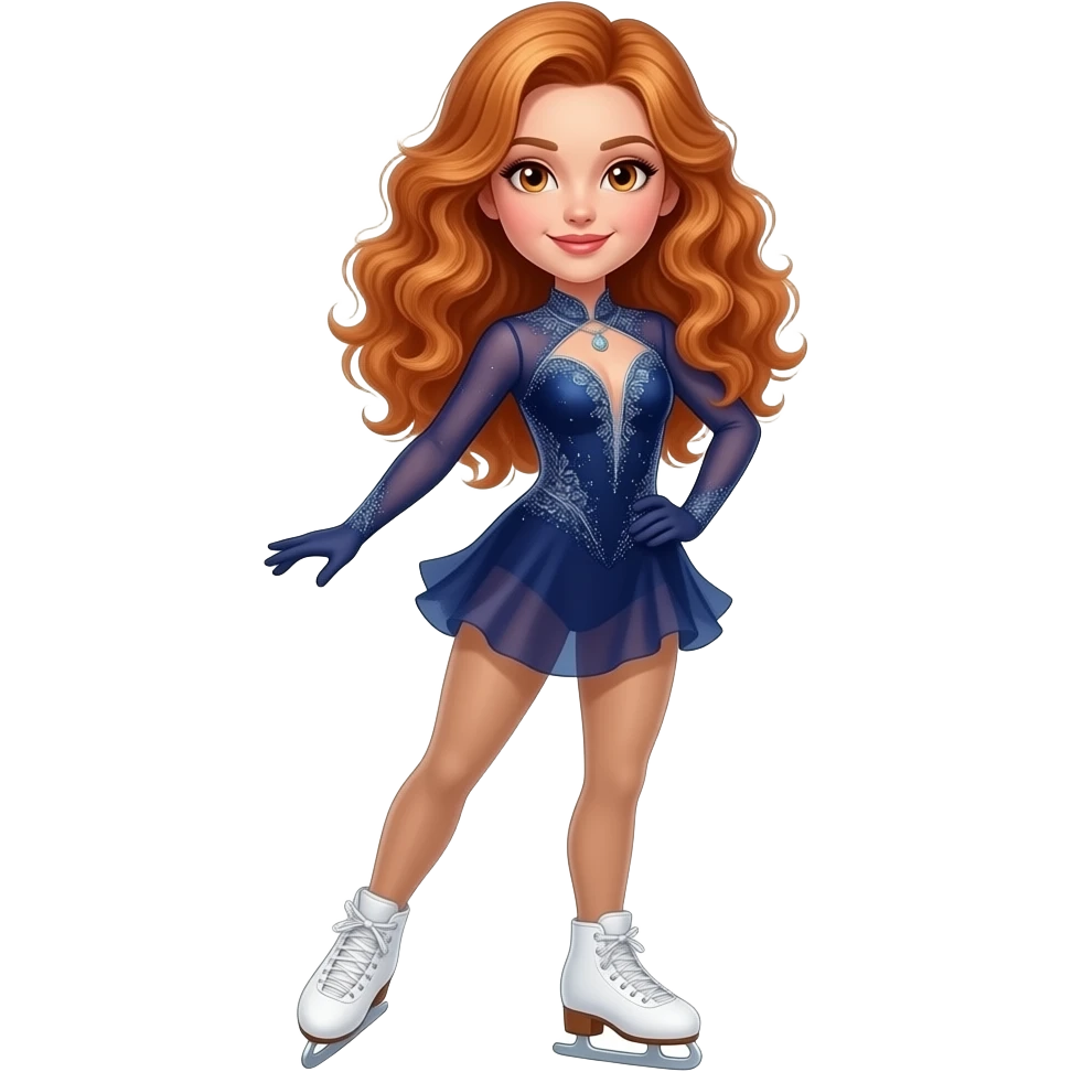 sexy girl with long curly ginger hair and ginger eyes is doing figure skating emoji