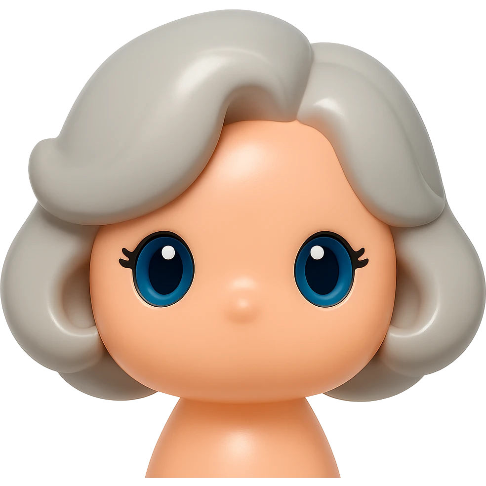 Change the plush texture to a soft, smooth fleece (not wrinkly), keep pure silver grey hair, blue eyes, 1940s bob hairstyle, cute plush-style eyelashes, no body, no mouth, no white border, transparent background. emoji