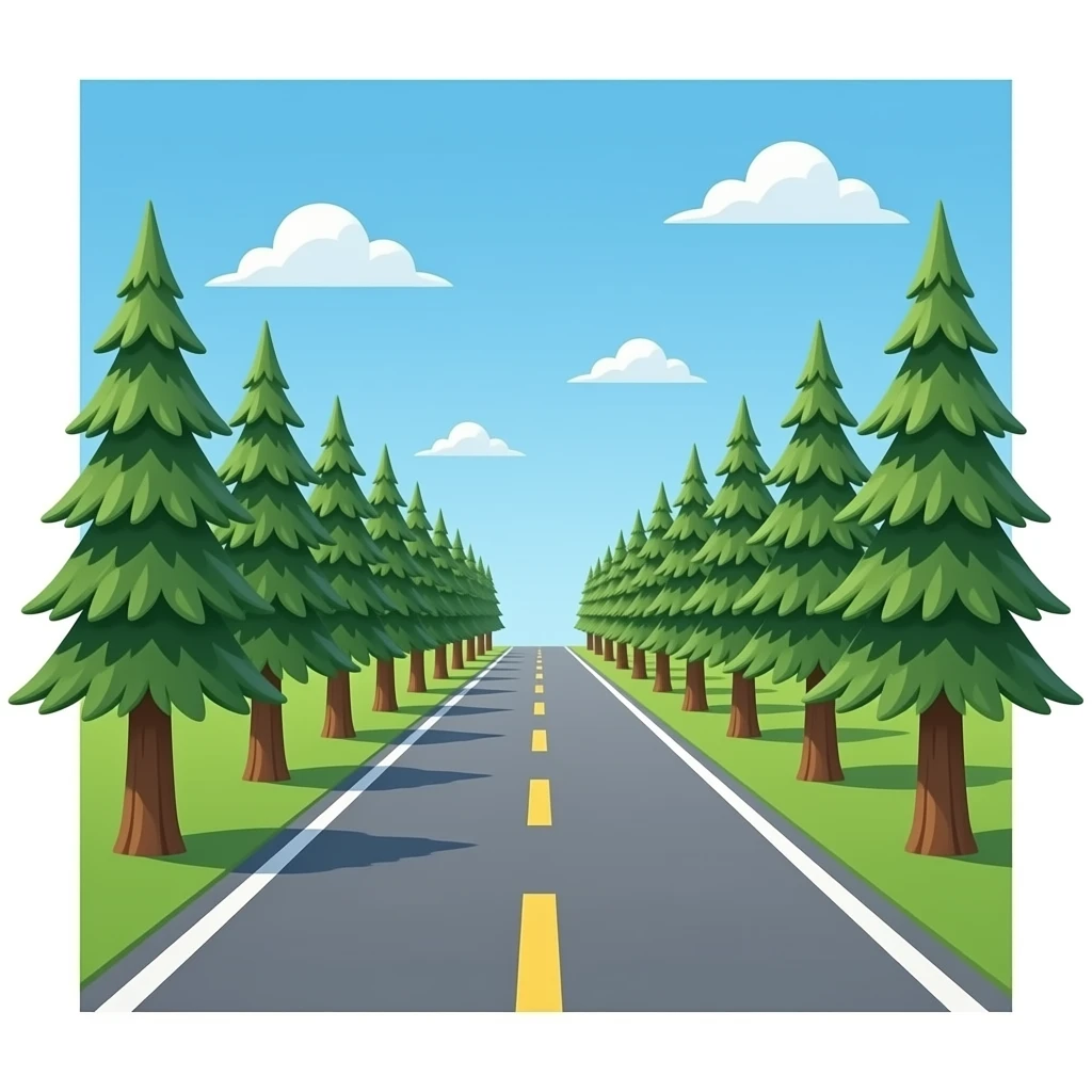Flat vector emoji, receding road perspectivesymmetrical pine trees emoji