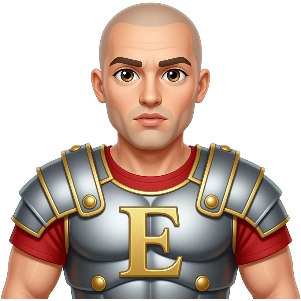 Muscular Roman soldier bald brown eyes kissing face letter E on breast plate saying I love you emoji