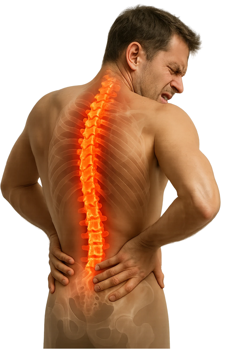 uomo con spina dorsale anatomica visibile che si massaggia la schiena perché gli fa male, iperrealistico 4k emoji