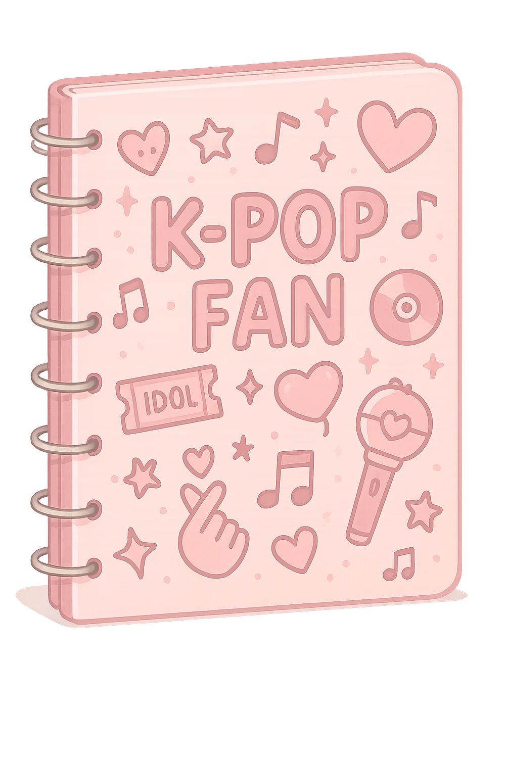 pink kpop fan notebook with doodles, cute and trendy emoji