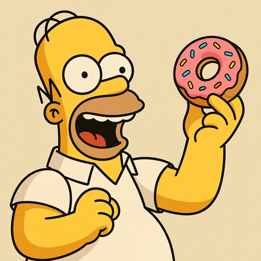 Homer Simpson excited with a donut, animated style, vibrant colors, minimal background emoji