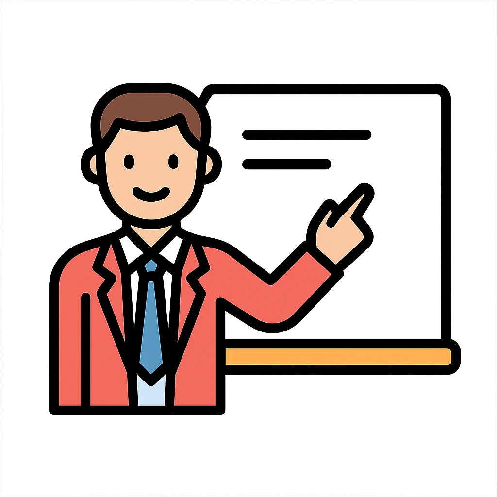 male teacher standing by a white board, professional attire, friendly expression, classroom setting, color outline icon style emoji