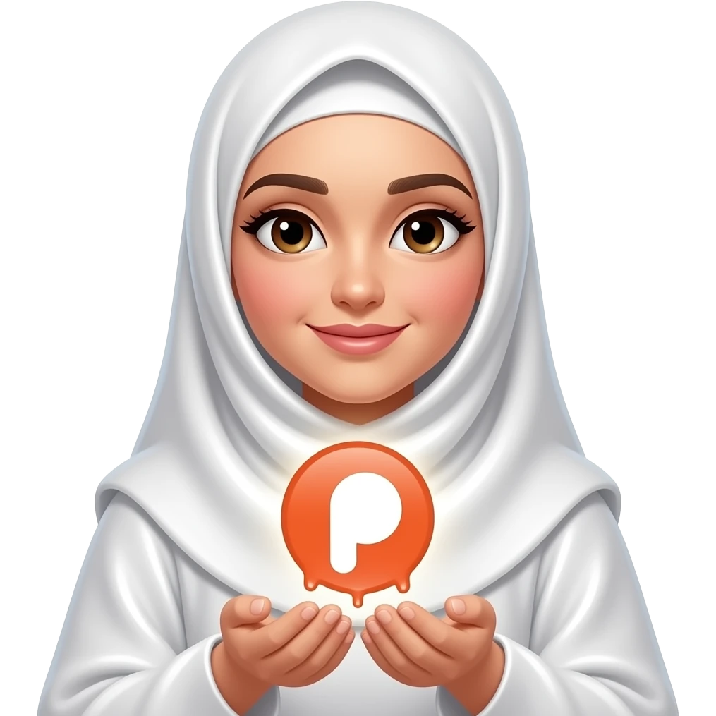 An ethereal Muslim woman wearing a soft white satin hijab, gently cupping a luminous Patreon icon made of liquid light. Text: 'Do you want Content Maker?'. Isolated on white, magical stardust, 3D icon style emoji