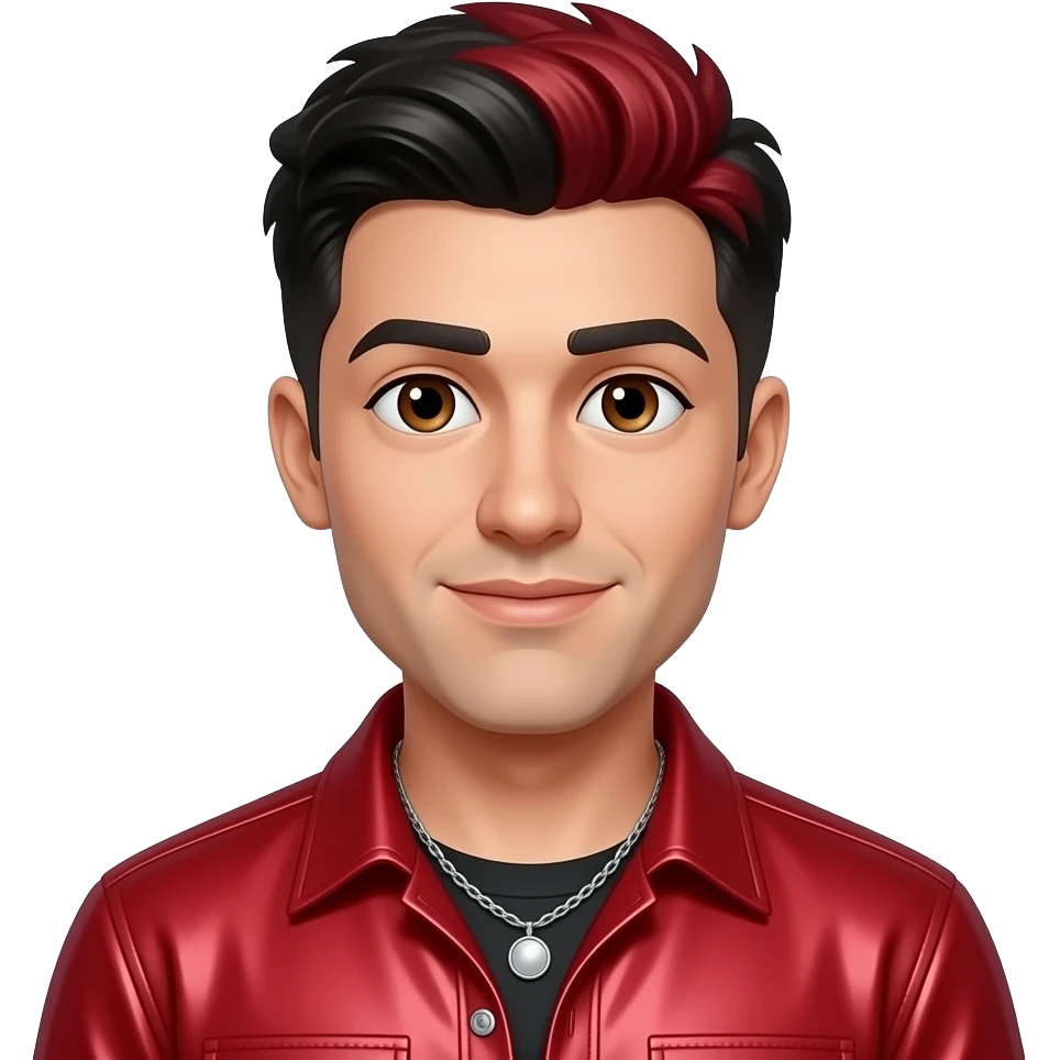 Markiplier with brown eyes, black hair with red dyed, red metallic shirt, silver necklace emoji