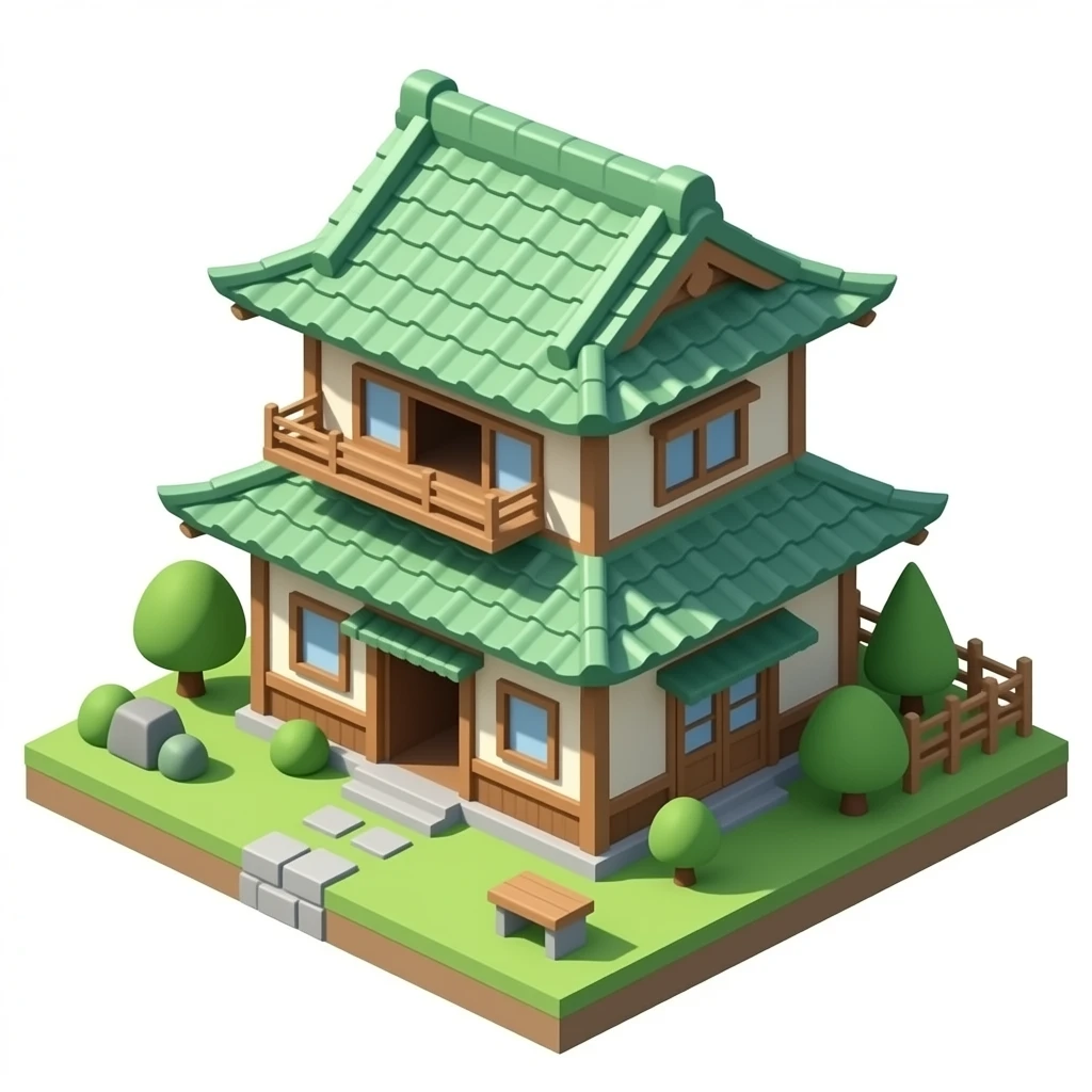 Japanese double floor house with green roof old style no background only house 3d png emoji