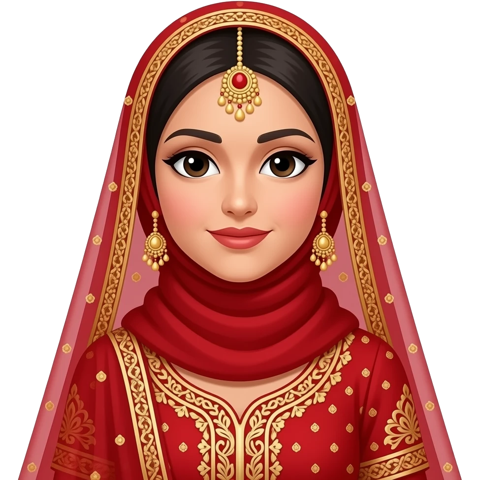 A Pakistani hijabi bride with a red and gold outfit with a red hijab on emoji