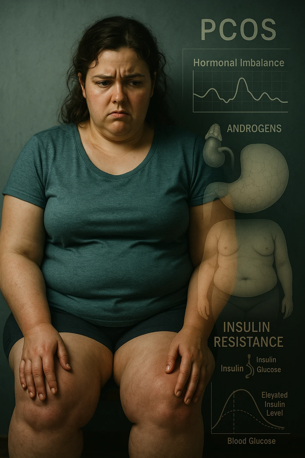 cinematic realistic in italiano Woman with PCOS struggling with hormonal chaos, transparent overlay showing elevated androgens and insulin resistance affecting her body, lipedema causing disproportionate fat accumulation in legs and arms despite normal torso, expression of frustration with unexplained weight gain, medical charts showing complex endocrine dysfunction, painful swollen limbs contrasting with metabolic confusion scrivi in italiano emoji