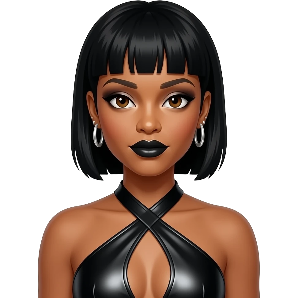 Kelly Rowland from Destiny's Child with dark brown eyes, black 1990s tomboy bang hair, black eyeshadow, black lipstick, black metallic halter dress, earrings emoji