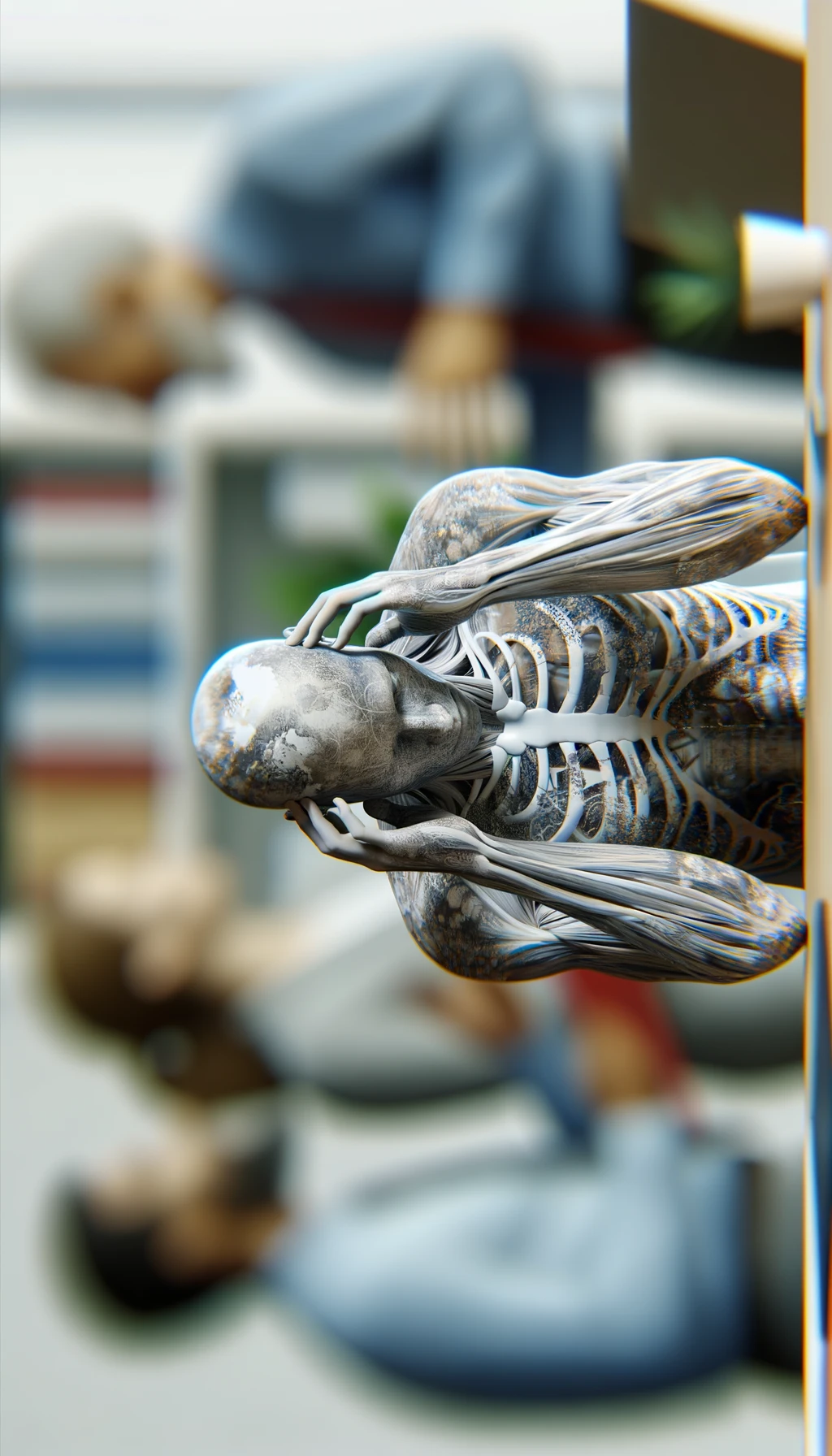 CORPO UMANO ANATOMICO SEDUTO IN UFFICIO CON PERSONE SFOCATE SULLO SFONDO CHE GLI PARLANO E LO ASSILLANO, LUI SI TIENE LE MANI SULLA TESTA ED è MOLTO STANCO E STRESSATO, IPERREALISTICO 4K emoji