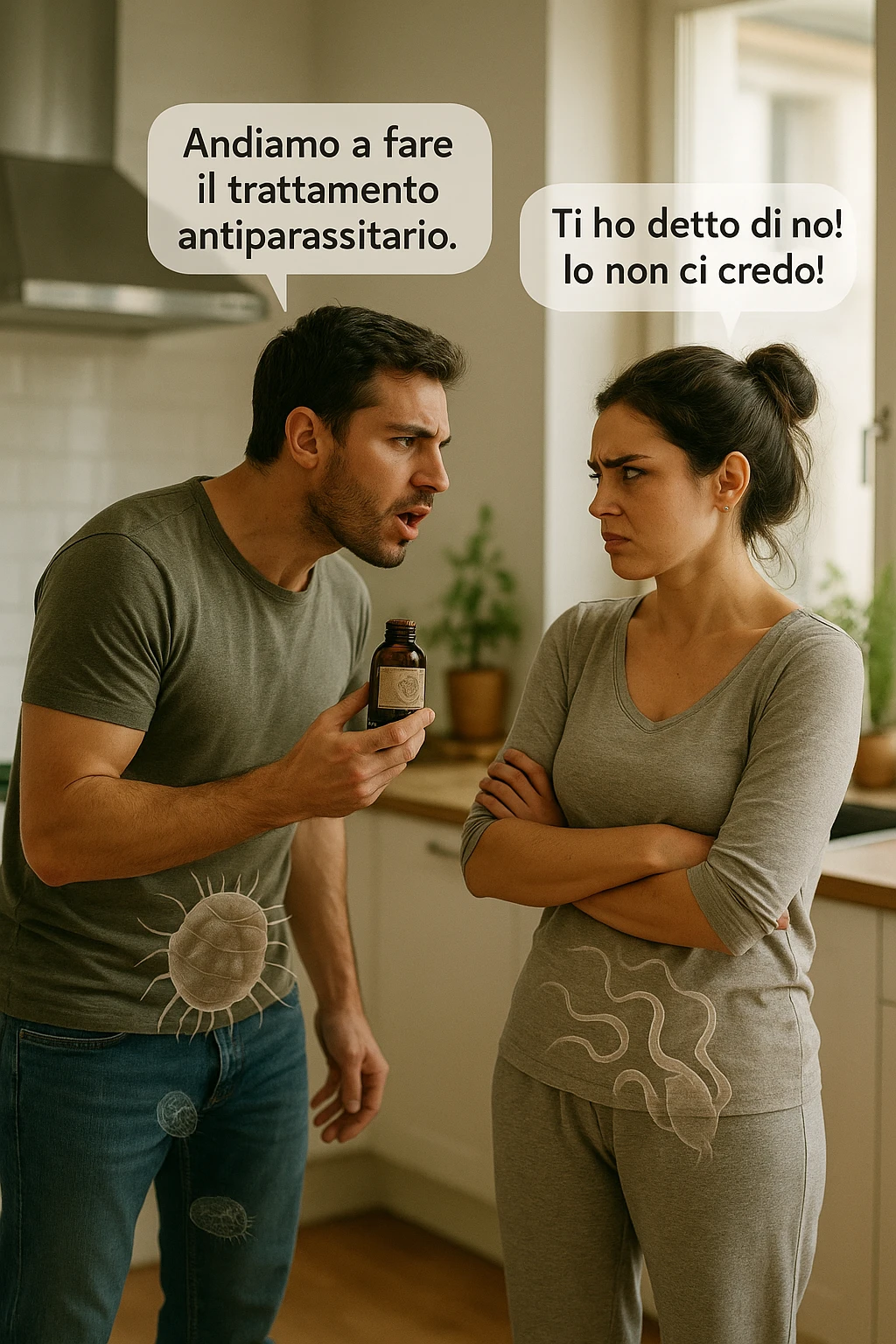A highly realistic, cinematic photo of a young couple in their early 30s having an argument in a bright modern kitchen. The man, athletic build, wearing a casual T-shirt and jeans, is speaking firmly with a raised hand holding a small amber glass bottle labeled with a subtle herbal symbol, saying 'Andiamo a fare il trattamento antiparassitario' with a determined expression. The woman, with long dark hair tied in a messy bun, casual home outfit, crosses her arms with an angry, defensive expression, replying 'Ti ho detto di no! Io non ci credo!' while slightly turning away. Tension is visible in their body language, with the man leaning forward trying to explain and the woman leaning back, her eyebrows furrowed. Around them, subtle ghostly overlays of microscopic parasites are faintly visible near their abdominal areas, symbolizing the hidden reason for the argument. The kitchen is bright and modern with plants and natural light, contrasting the emotional tension. The style is hyperrealistic with warm tones and shallow depth of field focusing on their facial expressions, illustrating the conflict between belief in natural treatments and skepticism within the couple regarding hidden parasitic infections. in italiano emoji