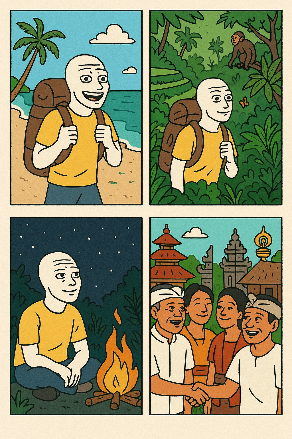 Create a wojak-style comic book with four panels, telling the story of a bali nomad's adventure emoji