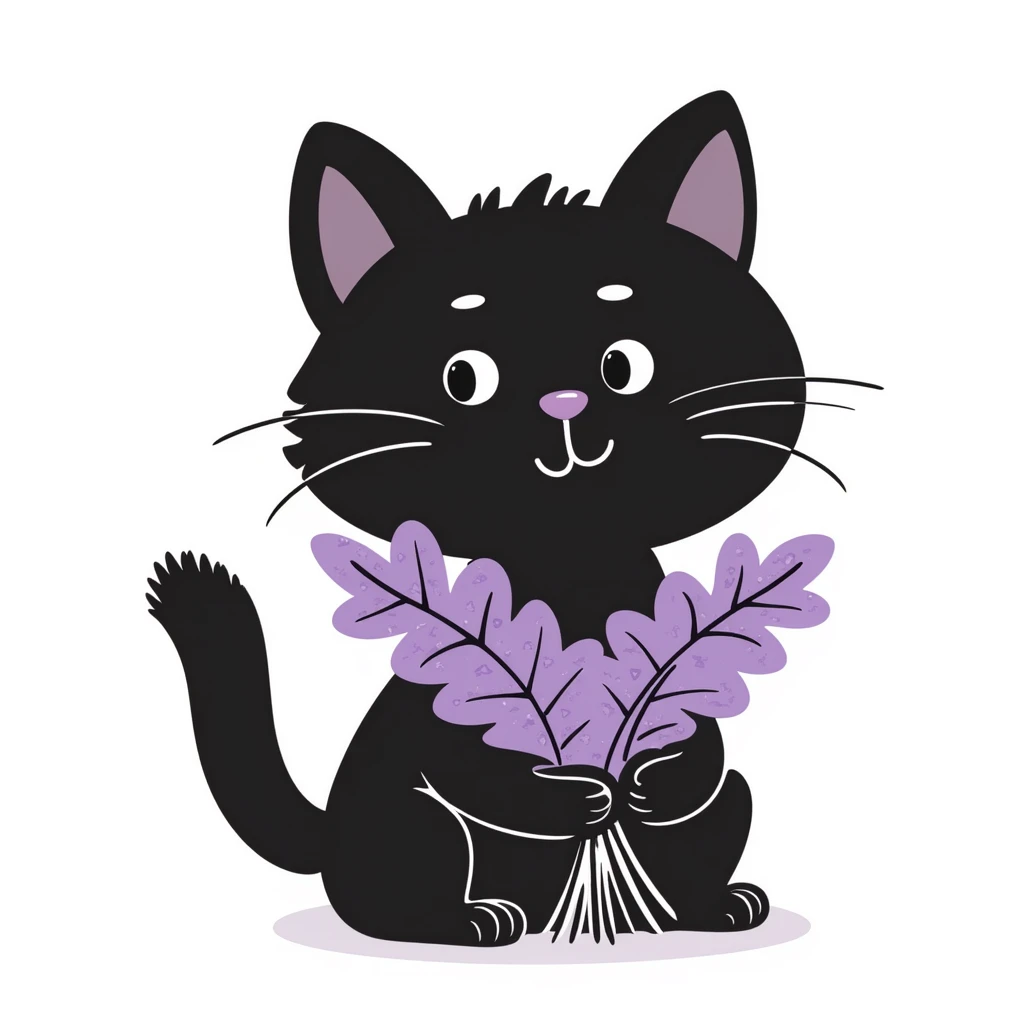 cat holding a bouquet of purple lilac flowers in hand, hand drawn doodle style emoji