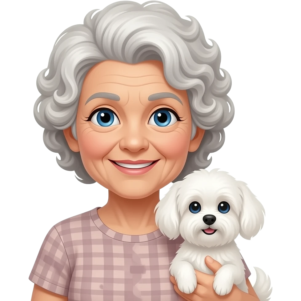 Elderly woman blue eyes very curly hair with maltese dog emoji