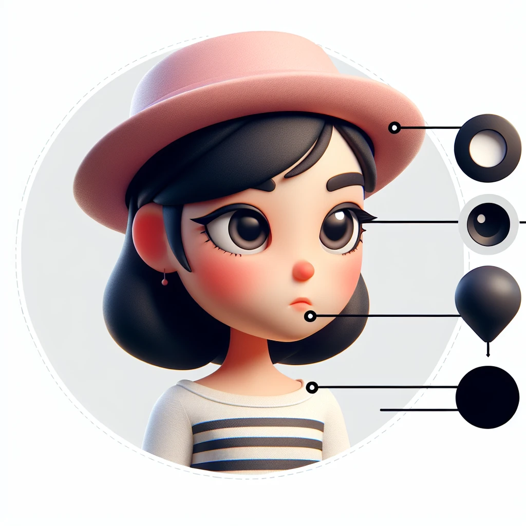 3D Disney style character of a girl with a pink hat, black hair, and a side glance, referencing the provided image emoji