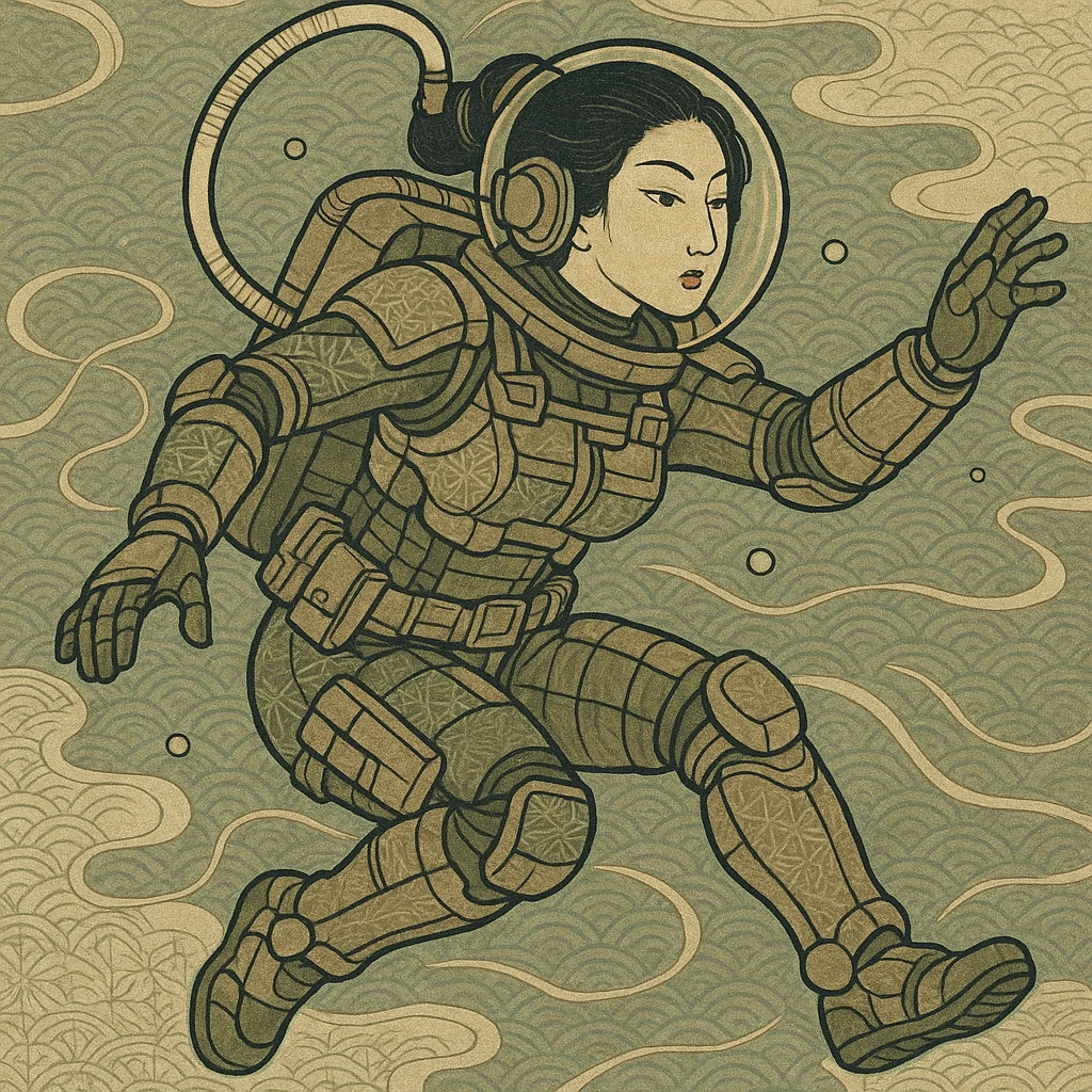 a tactical female space warrior floating in zero-g EVA operations, reaching in front of her emoji