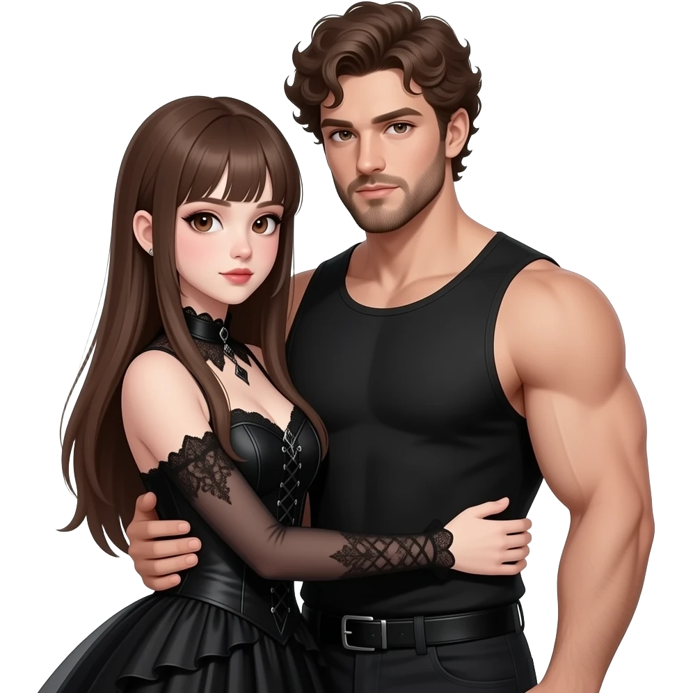 realistic pretty pale skin long straight brown hair girl brown eyes long face wearing gothic dress and gothic makeup HD and her muscular man short brown curly hair and beard hugging emoji