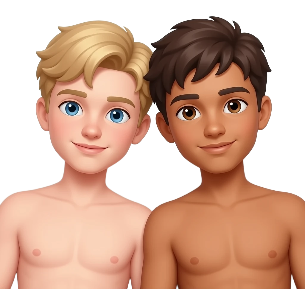 Make a young gay teen couple on a Date , one has light Skin with Blond Hair and Blue Eyes, the other one has slightly brown skin witz dark Brown Hair and Brown Eyes. They are laying shirtless on a couch. emoji