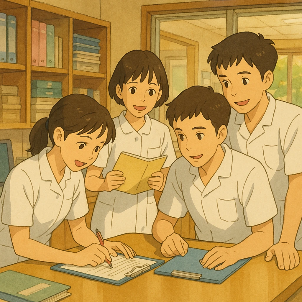scène d'équipe de quatre étudiants infirmiers, inspirés des photos, travaillant ensemble dans un poste de soin, style Ghibli, uniformes blancs, manches courtes, col en V, poche poitrine à gauche, pas de col classique, ni stéthoscopes, ni tissus sous les manches, interaction et collaboration visibles emoji