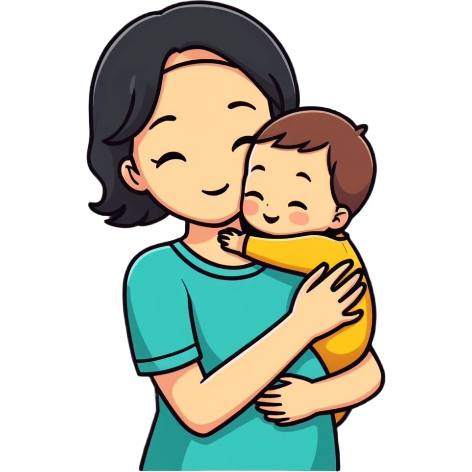Mother's Day sticker, mom hugging child, cute, cartoon style emoji