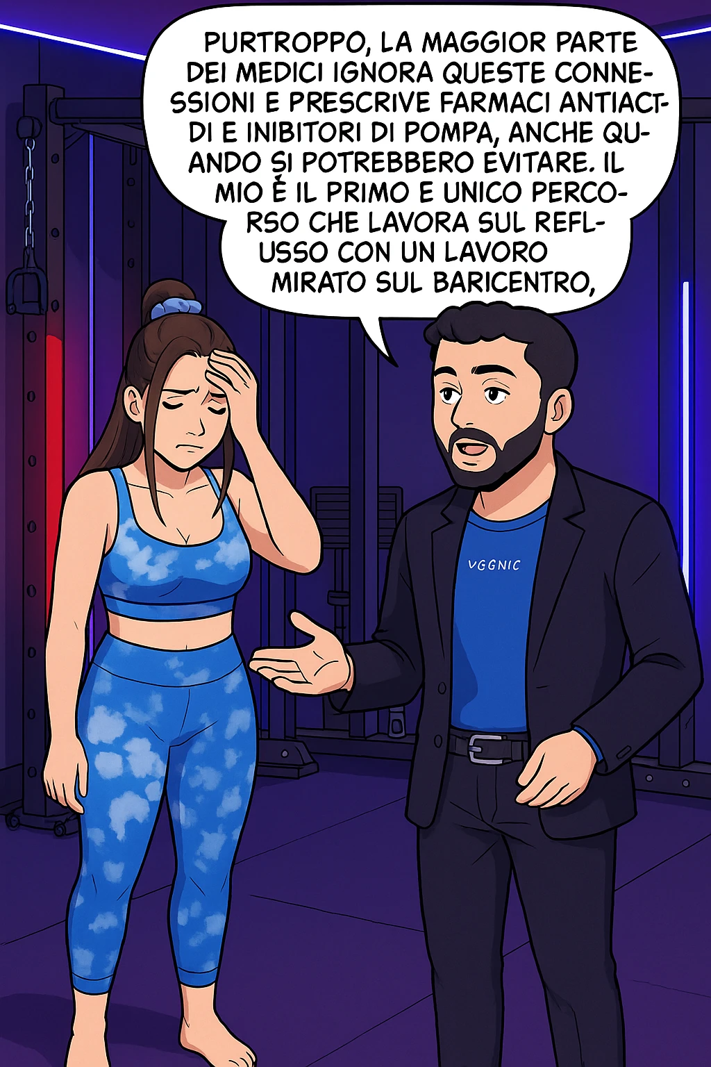 TRASFORMA QUESTO CAROSELLO IN UN FUMETTO STILE WEBTOON/MANGA A COLORI CON QUESTE DUE PERSONE IDENTICHE CHE INTERLOQUISCONO TRA LORO, L'uomo sta spiegando alla donna questo concetto MENTRE LA DONNA SI TIENE la mano sulla fronte sconcertata:

LUI (UOMO): Purtroppo, la maggior parte dei medici ignora queste connessioni e prescrive farmaci antiacidi e inibitori di pompa, anche quando si potrebbero evitare.
Il mio è il primo e unico percorso che lavora sul reflusso con un lavoro mirato sul baricentro; emoji