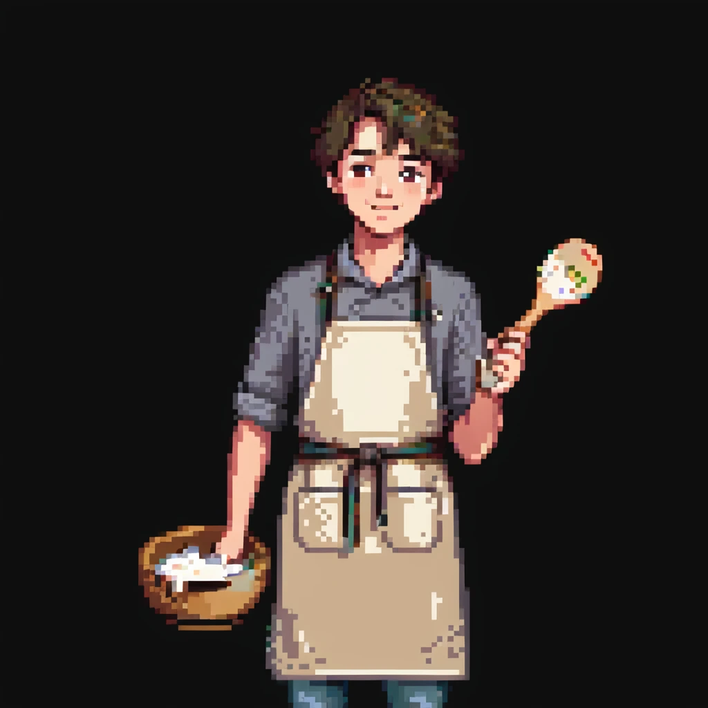 Portrait of a young baker with a simple cloth apron, flour on his hands and cheeks, holding a wooden spoon, skeuomorphism style emoji