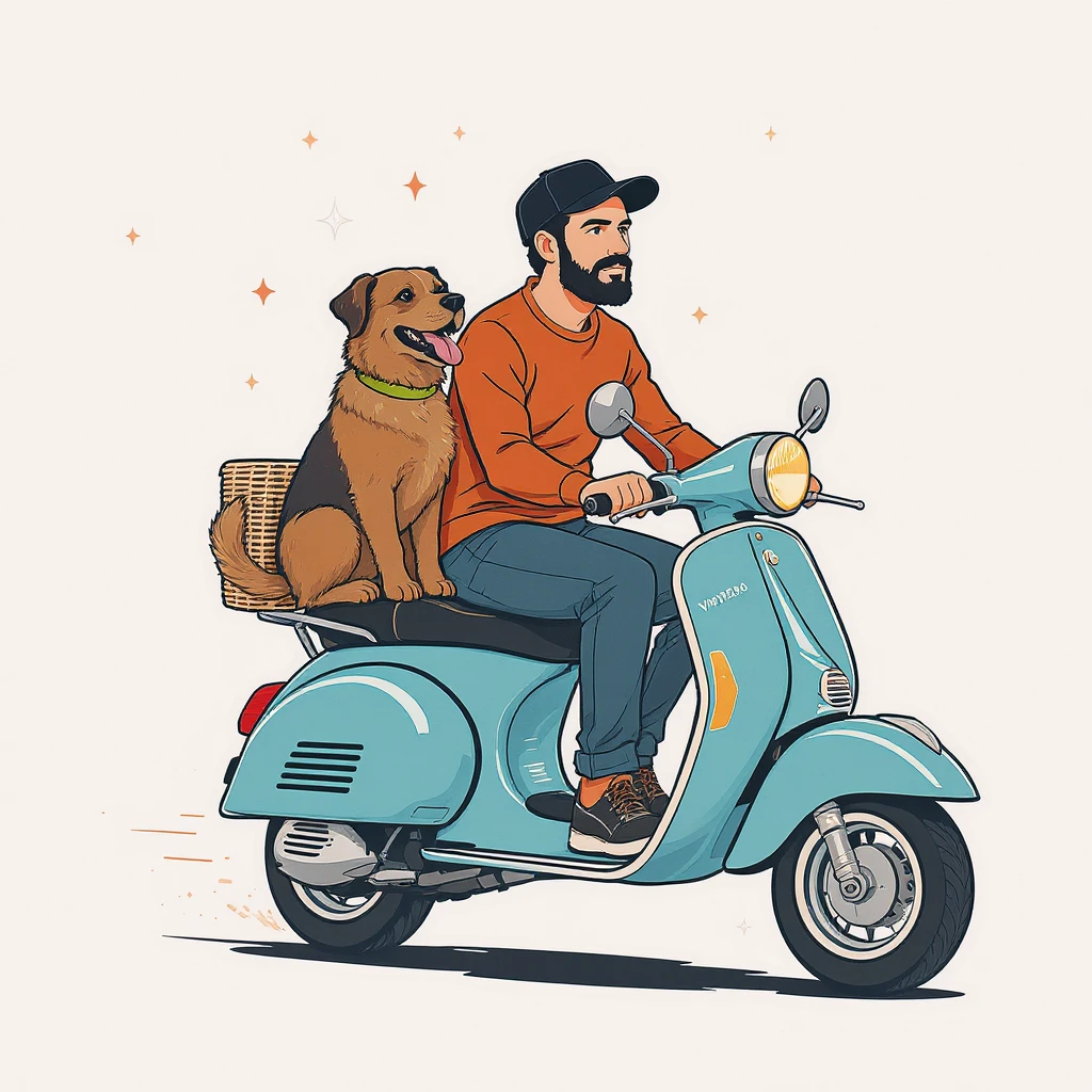 vector art of a man and his pet dog riding a vespa, for website design emoji