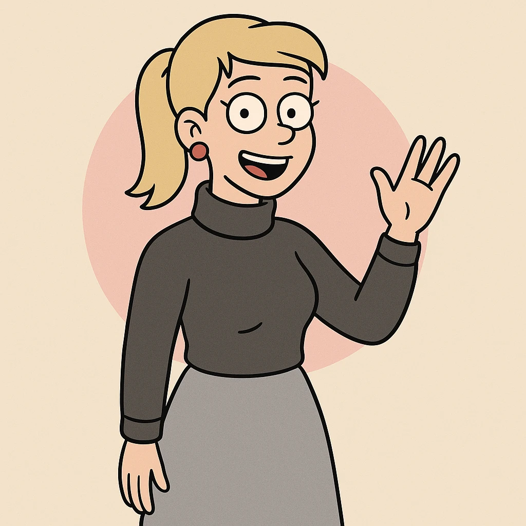 Women Medium Blonde median ponytail hair pink circle earrings Charcoal Athens Merino Wool Roll Neck Jumper Grace skirt a hand say hello emoji