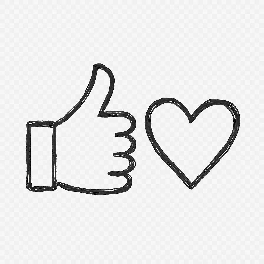 minimalist green thumbs up and heart side by side, hand drawn black outline style, white clean background, calm and secure mood emoji