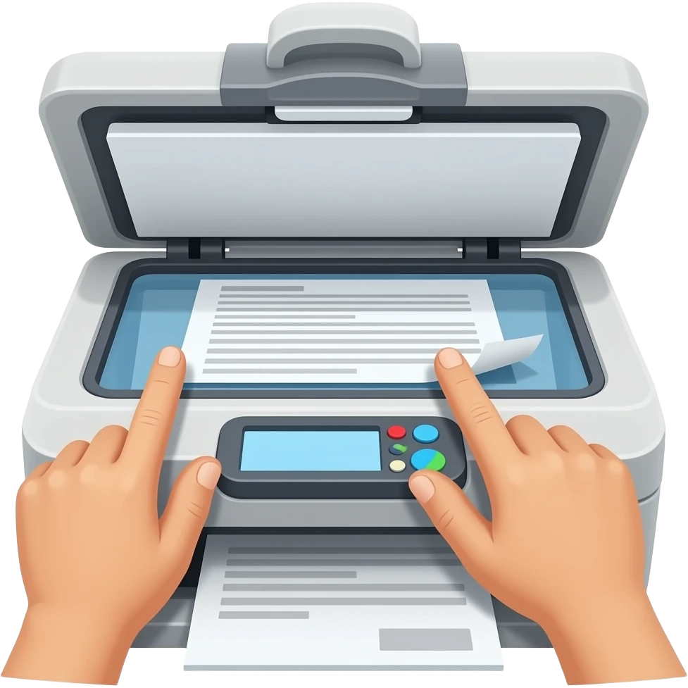A clear close-up of hands scanning a document on a photocopy machine.  One hand pressing the start button, the other adjusting the paper on the glass.  Focus on the action of scanning, emoji