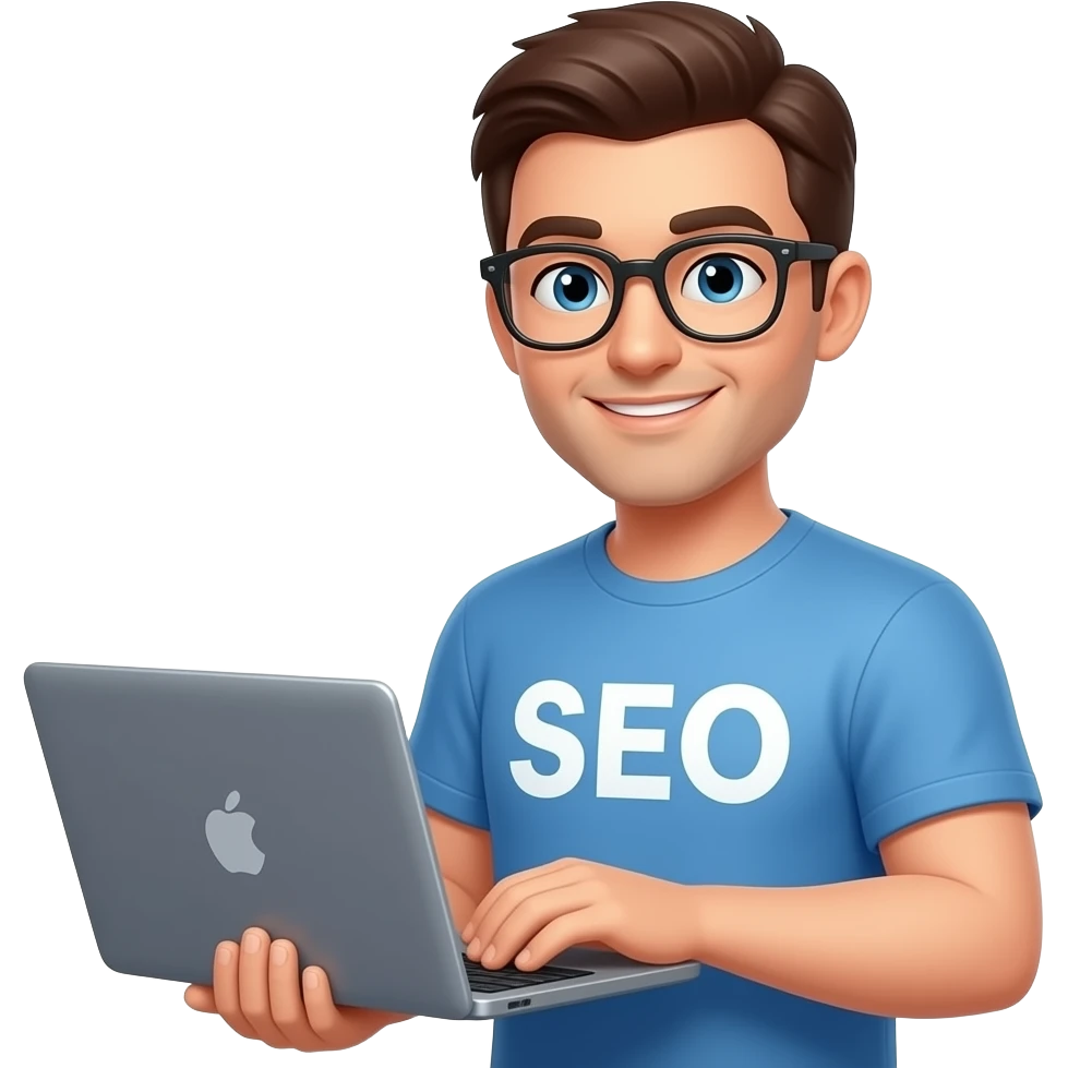 man with laptop wearing a shirt that says "SEO" emoji