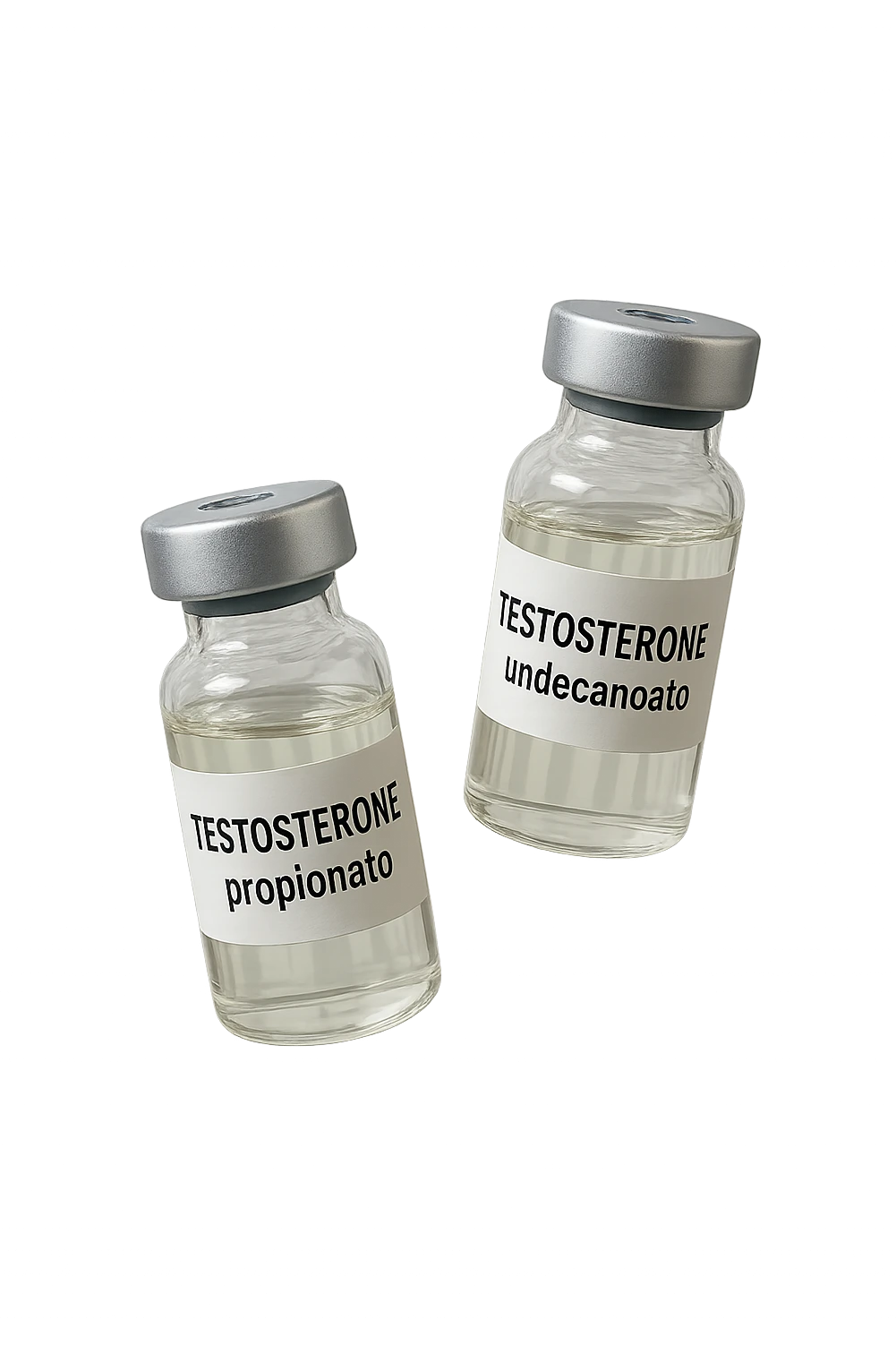 due fiale mediche, una con la scritta "TESTOSTERONE propionato" SULL'ETICHETTA E L'ALTRO CON LA SCRITTA "TESTOSTERONE undecanoato", FLUTTUANO IN ARIA emoji
