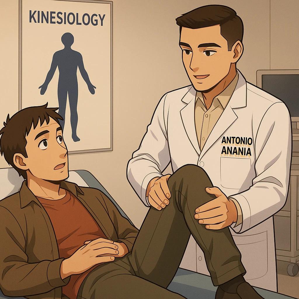 fai un webtoon manga a colori con questo stile, in cui un uomo è steso sul lettino medico e il kinesiologo con il camice bianco (fagli anche la scritta "ANTONIO ANANIA" SUL CAMICE, gli solleva una gamba per fargli il test neuromuscolare, IL KINESIOLOGO SPIEGA ALL'UOMO UNA cosa mentre gli alza la gamba. non fare i fumetti però, fai solo in modo che sembri stiano parlando emoji